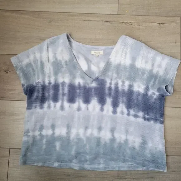 Madewell Ottoman Jacquard V-Neck Setlist Boxy Crop Top Tie-Dye Blue Women Sz XL - Picture 10 of 10